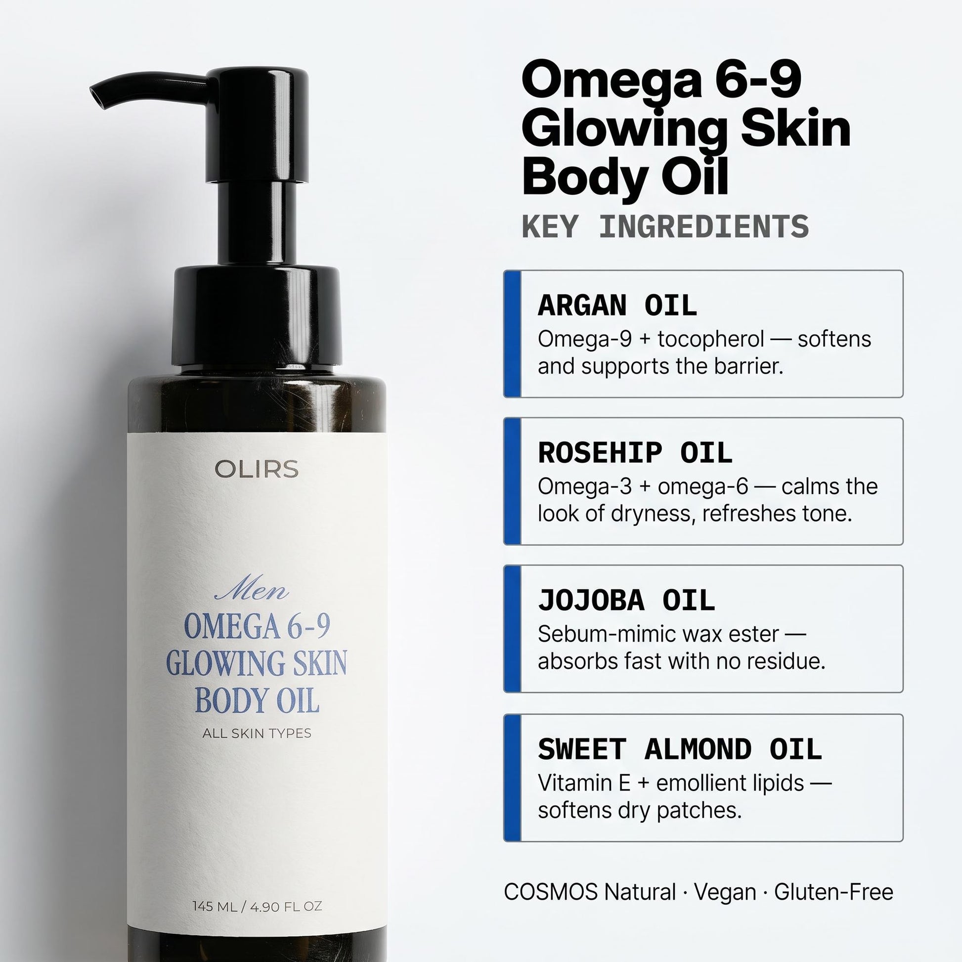Omega 6-9 Glowing Skin Body Oil - Key Ingredients | OLIRS Men's Skincare