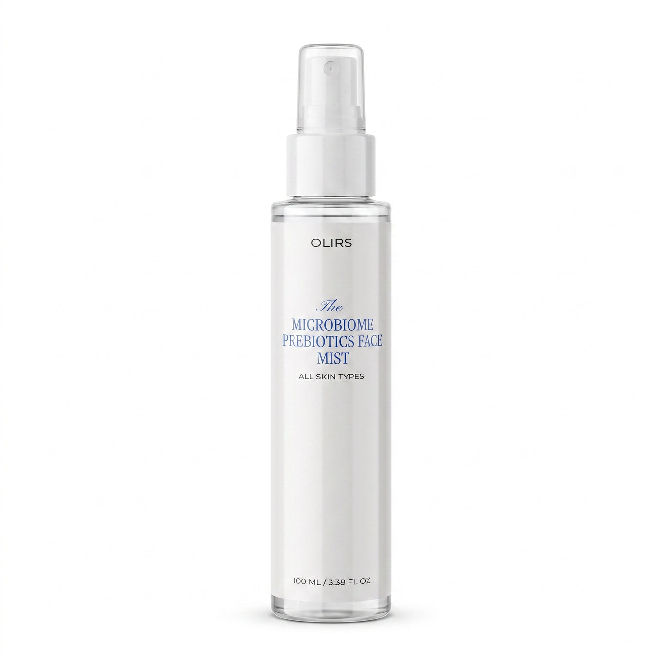 Microbiome Prebiotics Face Mist in a clear spray bottle, perfect for hydration and balanced skin.